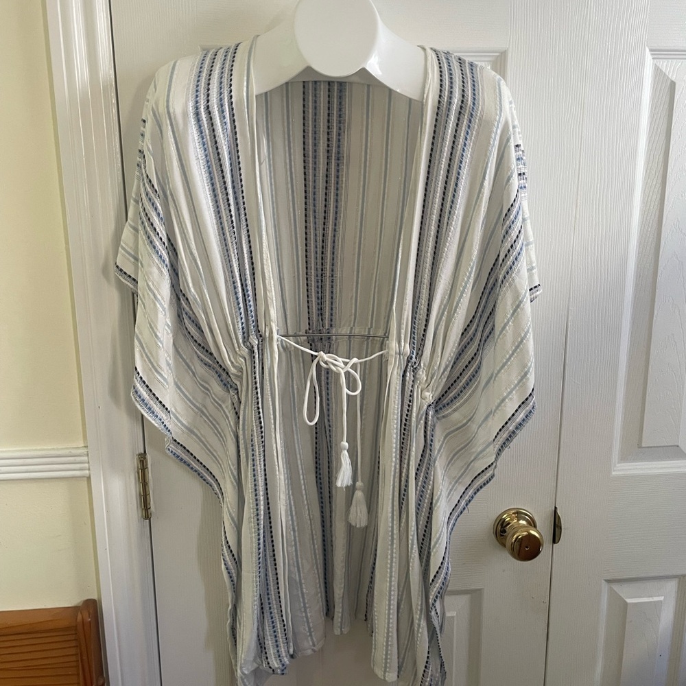 bohemian White and Blue Striped Open Kimono with Tassel Tie